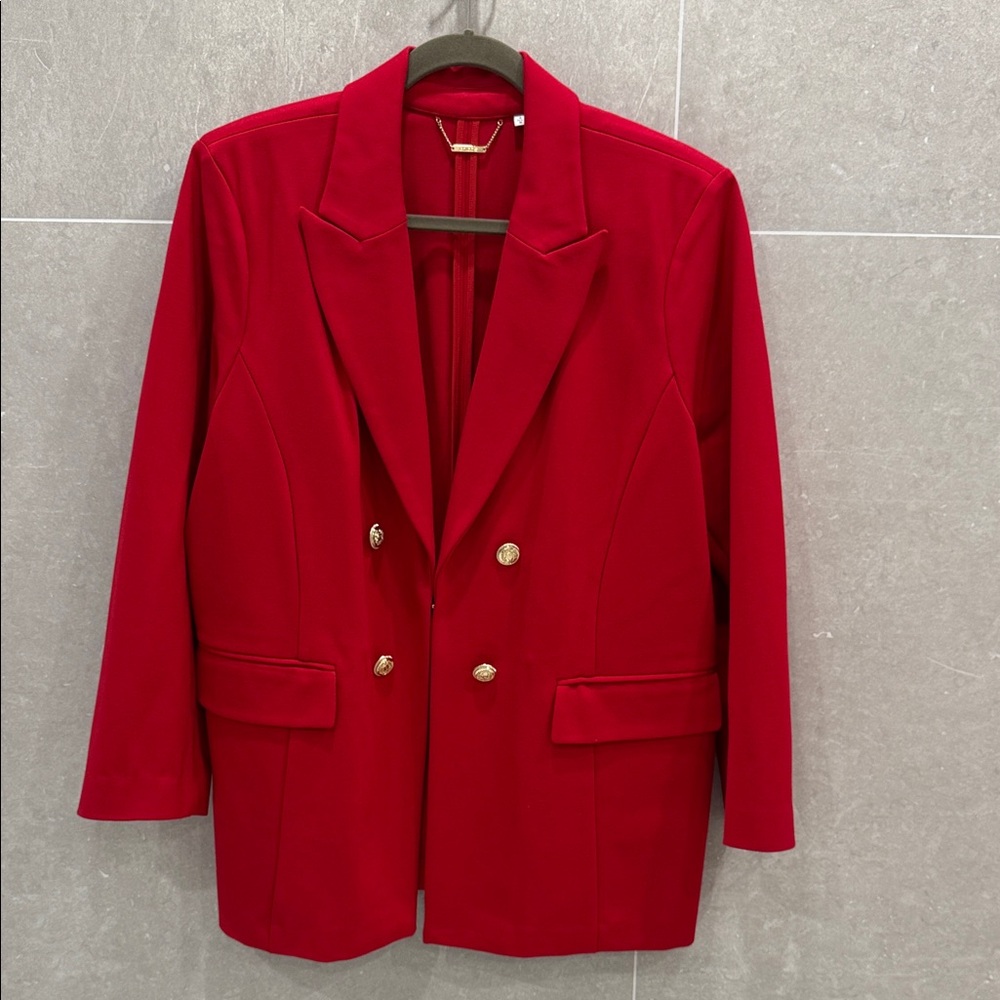 Chico's Red Double-Breasted Blazer with Gold Buttons